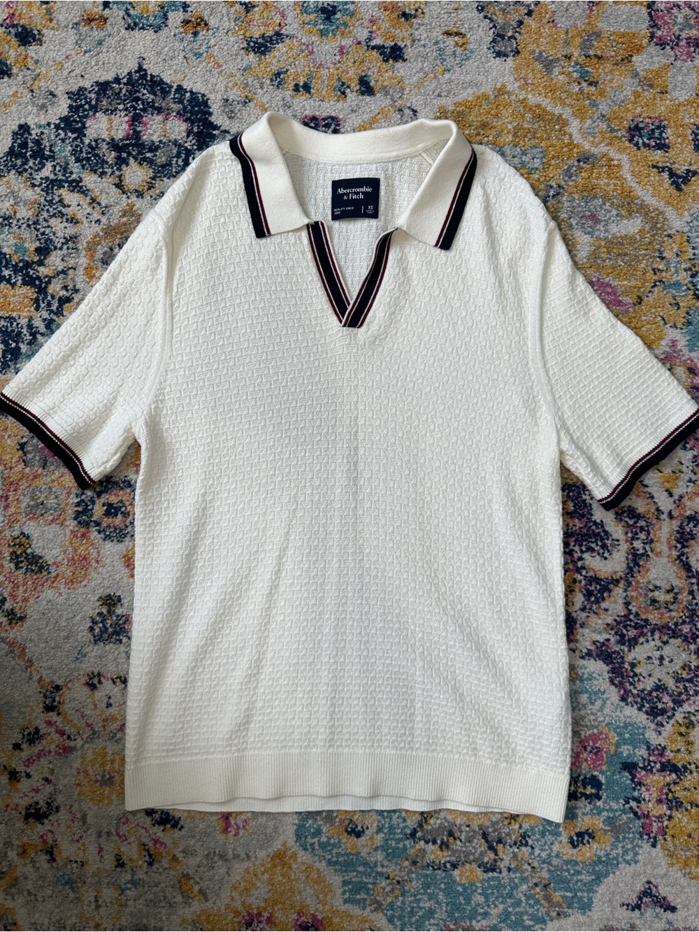 Abercrombie & Fitch Men XS Cream Textured Knit Sweater Polo Shirt Tipped Collar